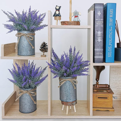 Set of 3 Small Potted Plants Arrangement Artificial Lavender Flower Plants in Rustic Galvanized Metal Pots with Decorative Wood Tray for Farmhouse Table Centerpiece Windowsill Country Indoor Decor
