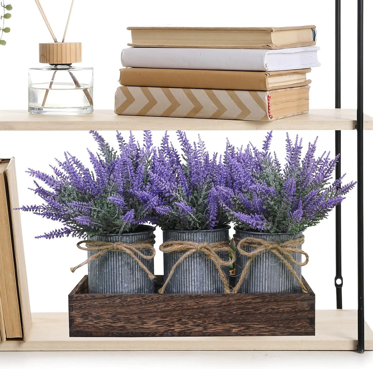 Set of 3 Small Potted Plants Arrangement Artificial Lavender Flower Plants in Rustic Galvanized Metal Pots with Decorative Wood Tray for Farmhouse Table Centerpiece Windowsill Country Indoor Decor