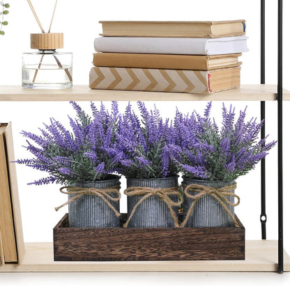 Set of 3 Small Potted Plants Arrangement Artificial Lavender Flower Plants in Rustic Galvanized Metal Pots with Decorative Wood Tray for Farmhouse Table Centerpiece Windowsill Country Indoor Decor