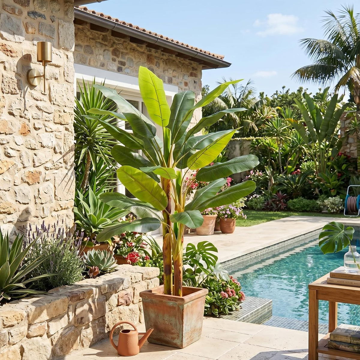 7FT Artificial Banana Tree Tall Fake Banana Leaf Plant Faux Banana Silk Tree Faux Banana Leaves for Home Swimming Pool Indoor Outdoor Patio Tropical Decor