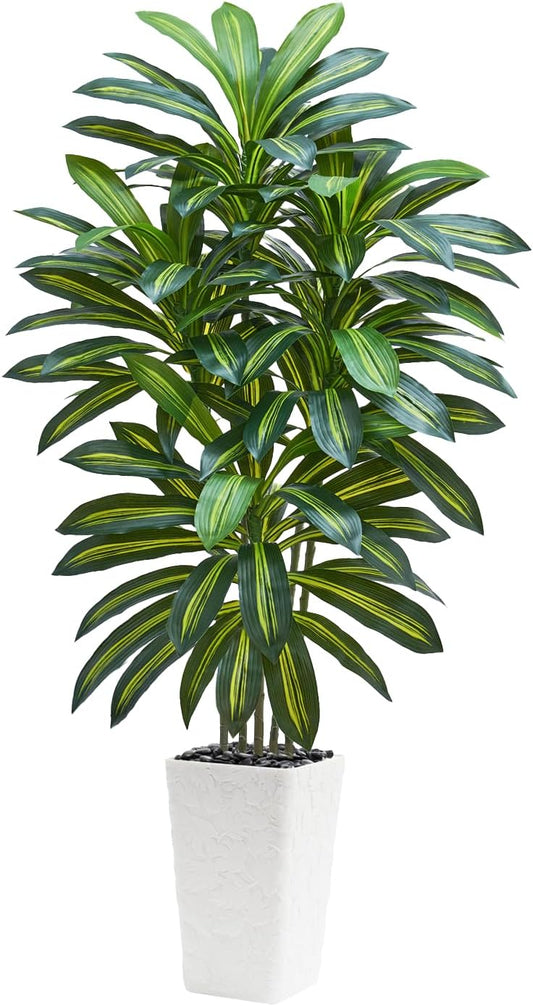 Artificial Dracaena Tree 5FT, Fake Tree with White Tall Planter