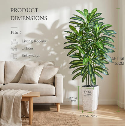 Artificial Dracaena Tree 5FT, Fake Tree with White Tall Planter