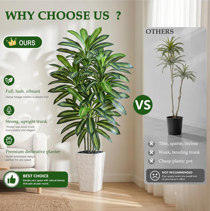 Artificial Dracaena Tree 5FT, Fake Tree with White Tall Planter