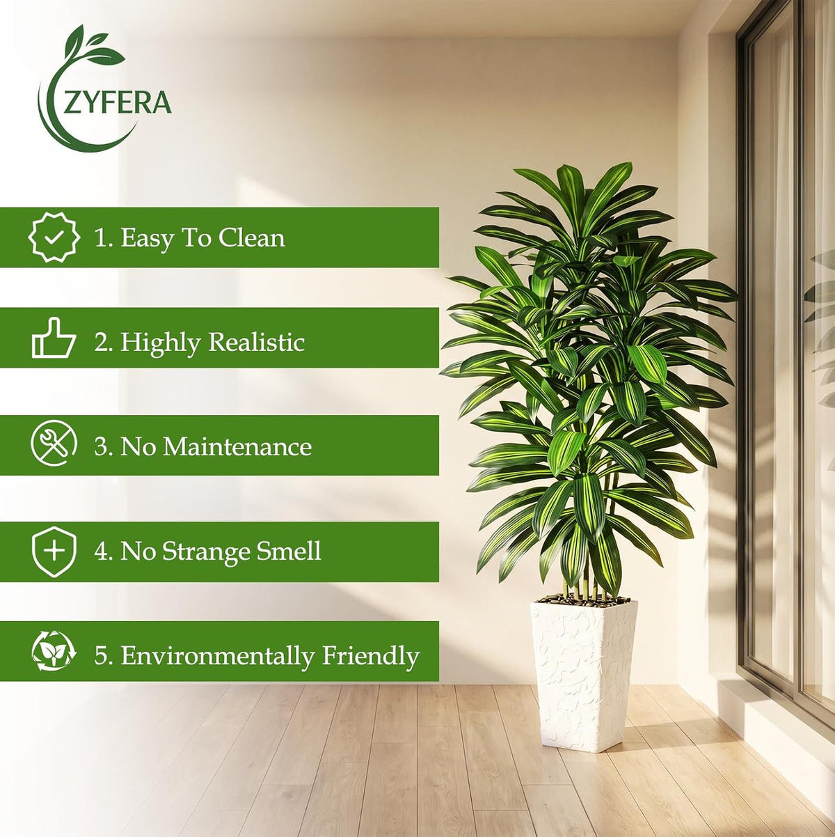 Artificial Dracaena Tree 5FT, Fake Tree with White Tall Planter