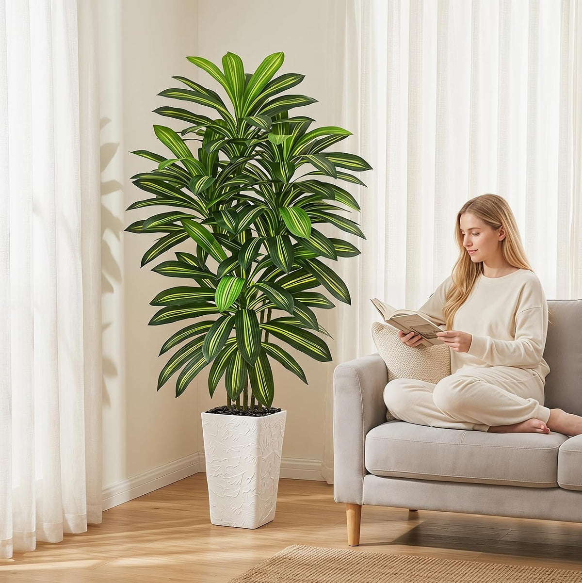 Artificial Dracaena Tree 5FT, Fake Tree with White Tall Planter