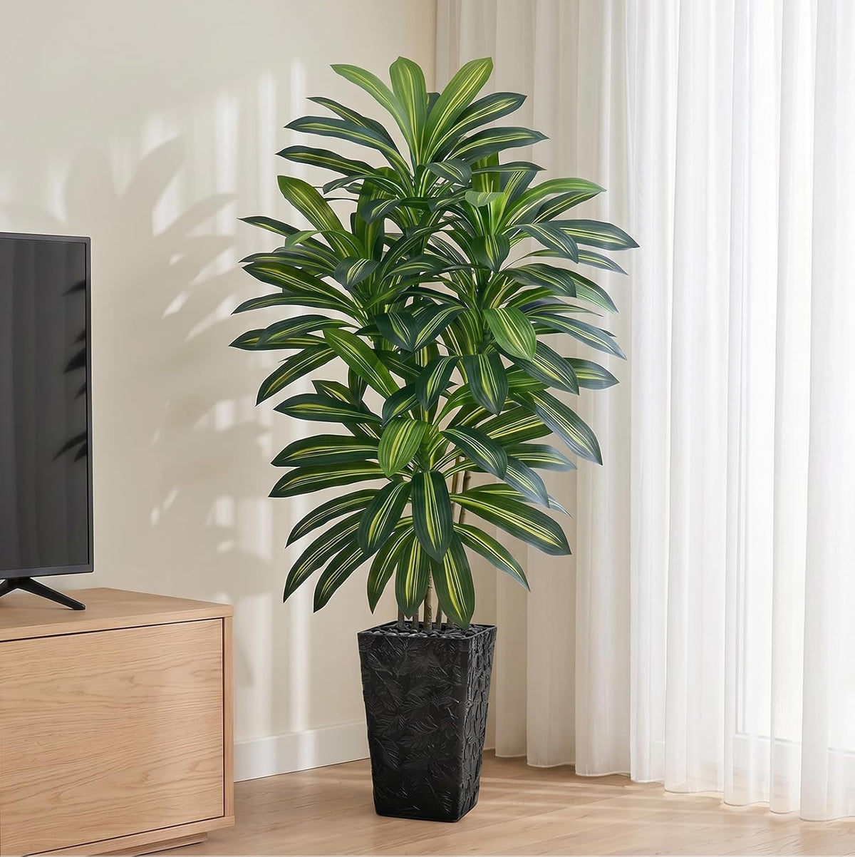 Artificial Dracaena Tree 5FT, Fake Tree with White Tall Planter