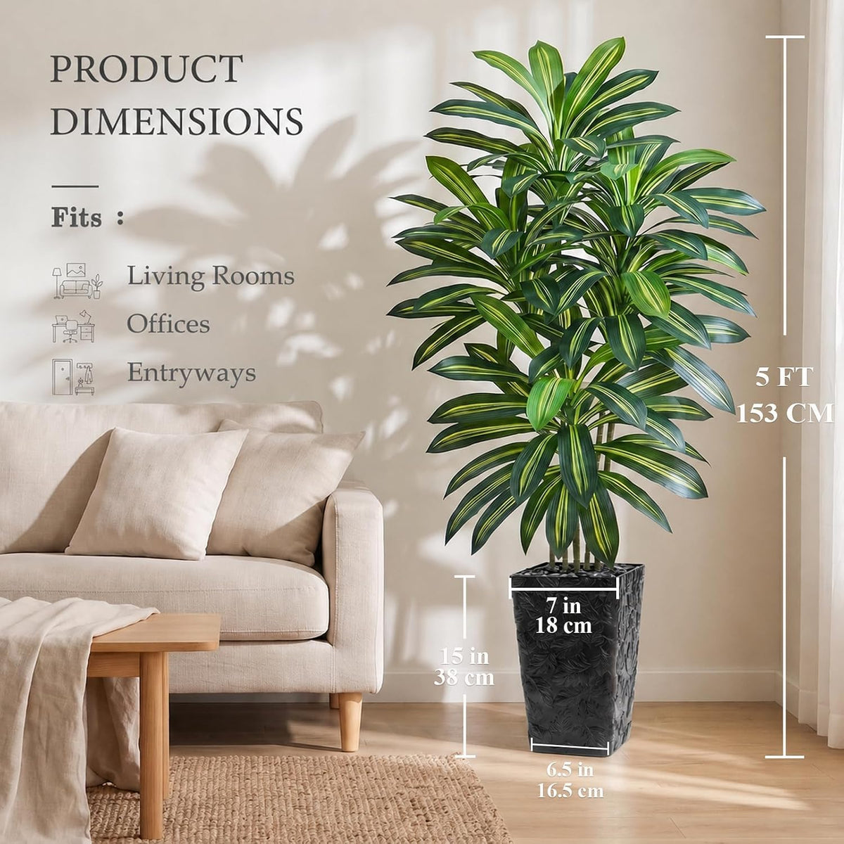 Artificial Dracaena Tree 5FT, Fake Tree with White Tall Planter