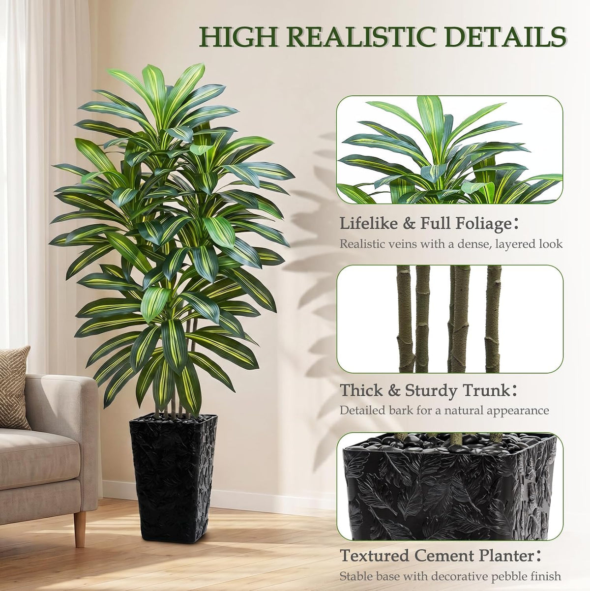 Artificial Dracaena Tree 5FT, Fake Tree with White Tall Planter