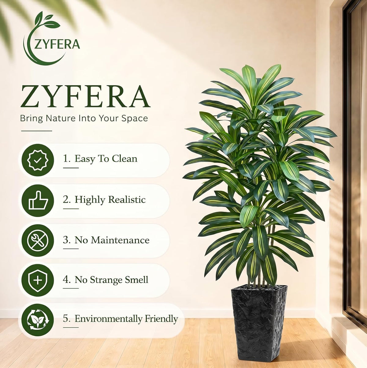 Artificial Dracaena Tree 5FT, Fake Tree with White Tall Planter