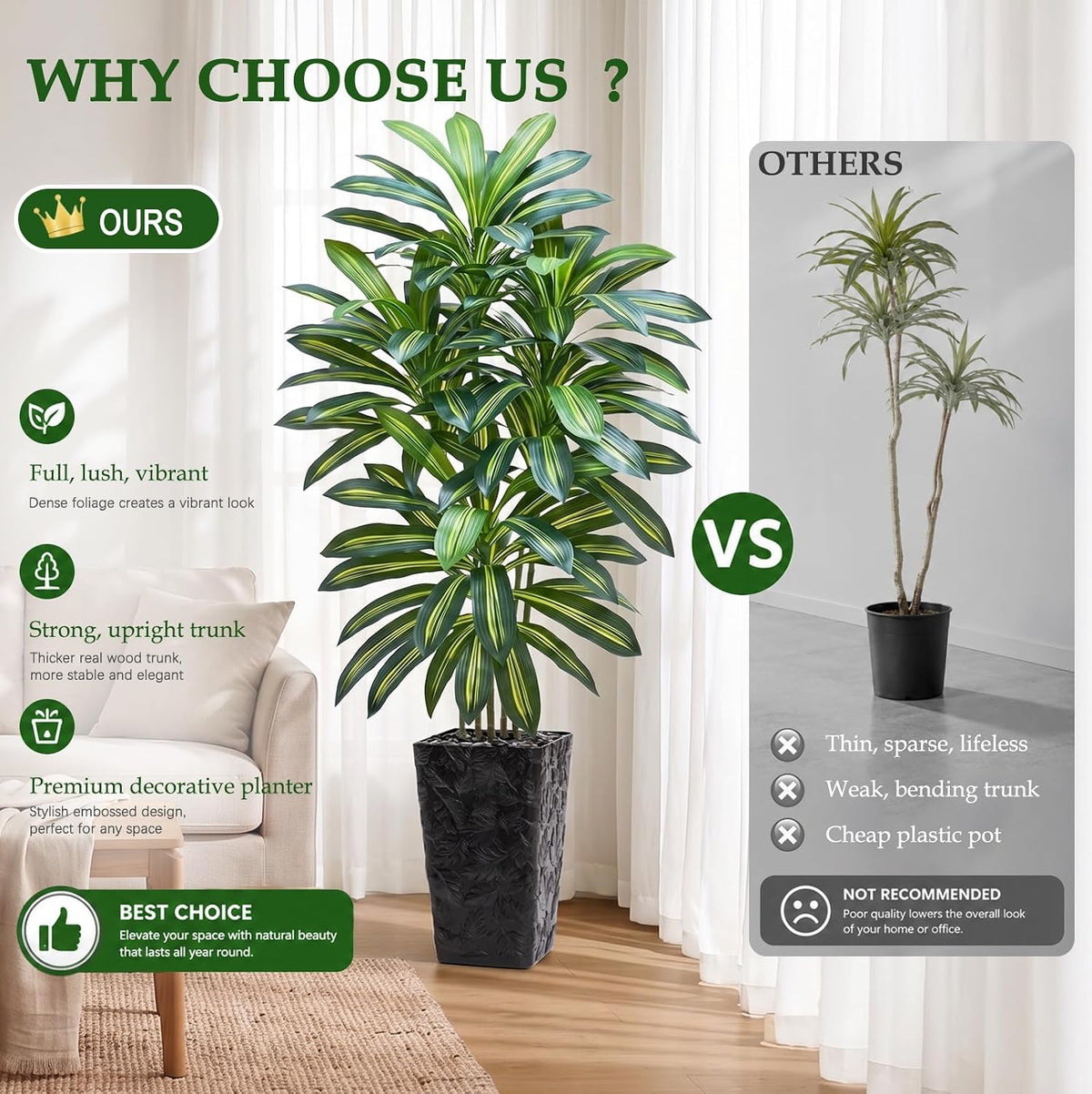 Artificial Dracaena Tree 5FT, Fake Tree with White Tall Planter