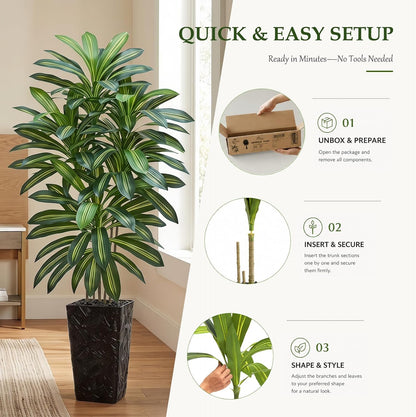 Artificial Dracaena Tree 5FT, Fake Tree with White Tall Planter