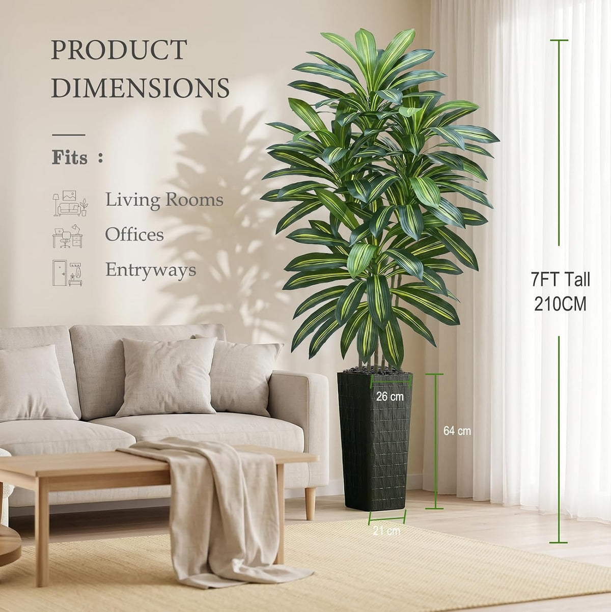 Artificial Dracaena Tree 5FT, Fake Tree with White Tall Planter