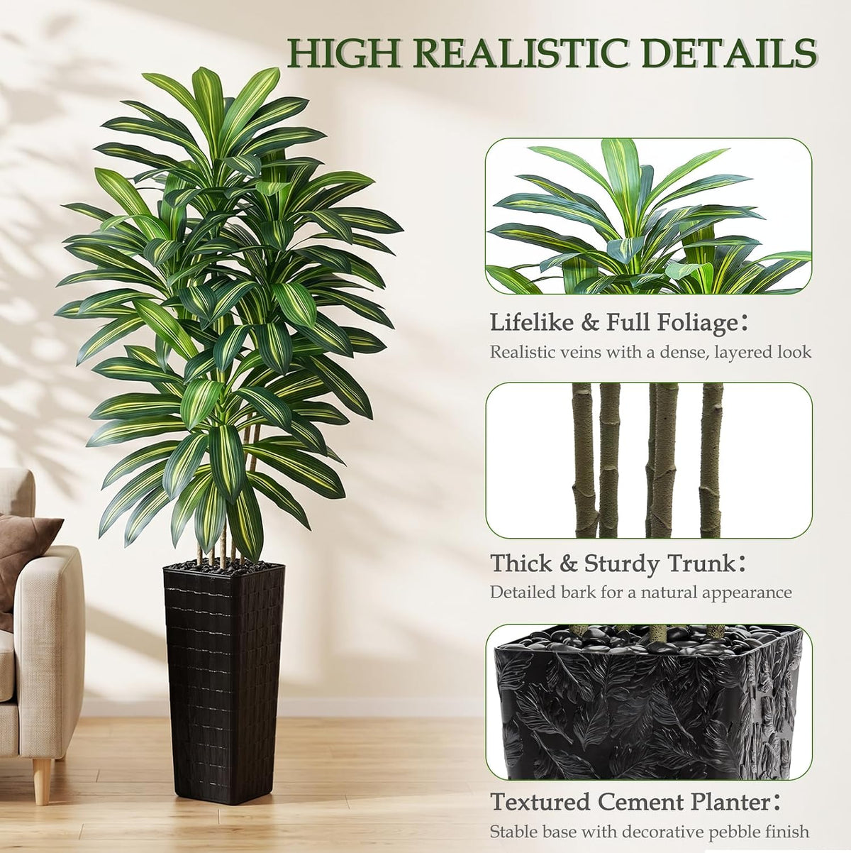 Artificial Dracaena Tree 5FT, Fake Tree with White Tall Planter