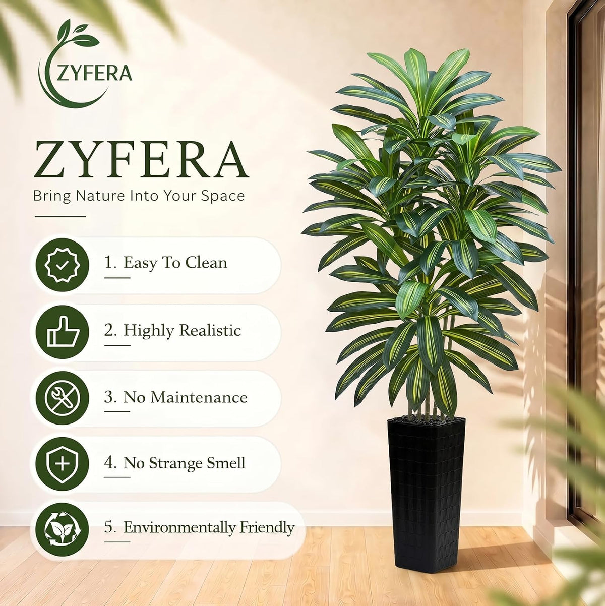 Artificial Dracaena Tree 5FT, Fake Tree with White Tall Planter