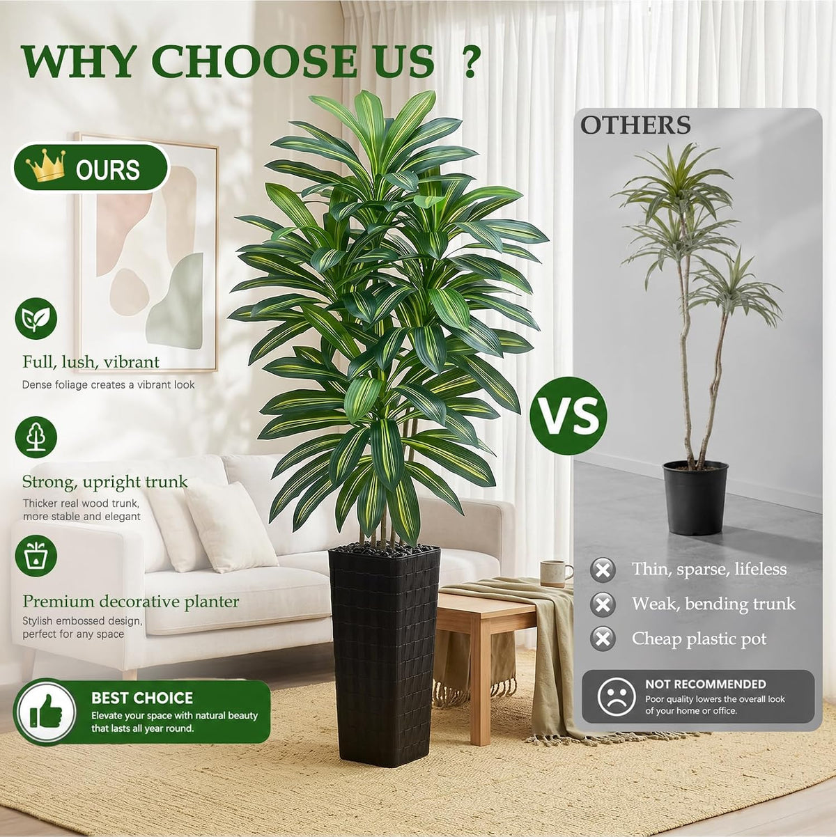 Artificial Dracaena Tree 5FT, Fake Tree with White Tall Planter