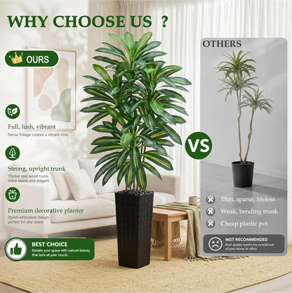 Artificial Dracaena Tree 5FT, Fake Tree with White Tall Planter
