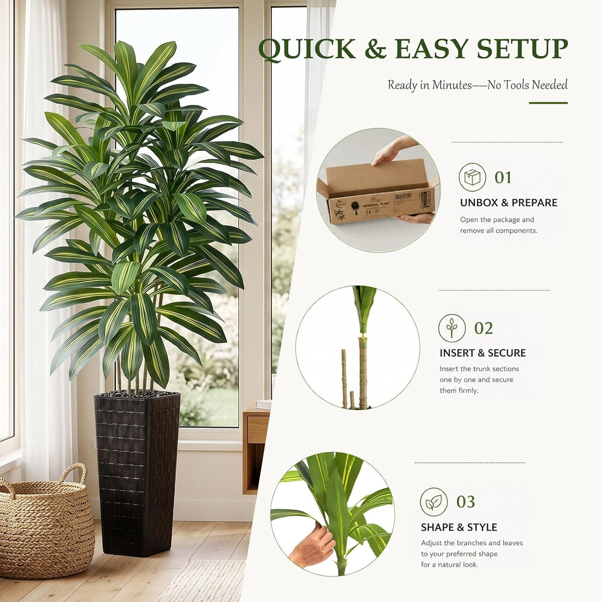 Artificial Dracaena Tree 5FT, Fake Tree with White Tall Planter
