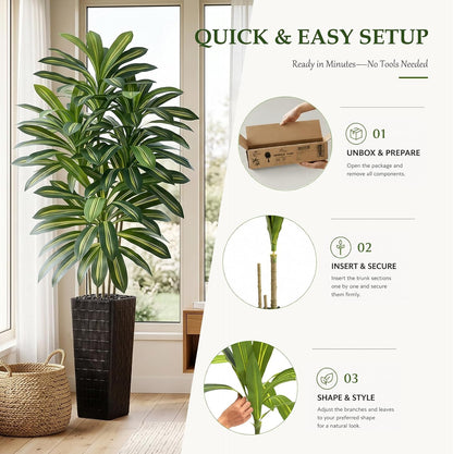 Artificial Dracaena Tree 5FT, Fake Tree with White Tall Planter
