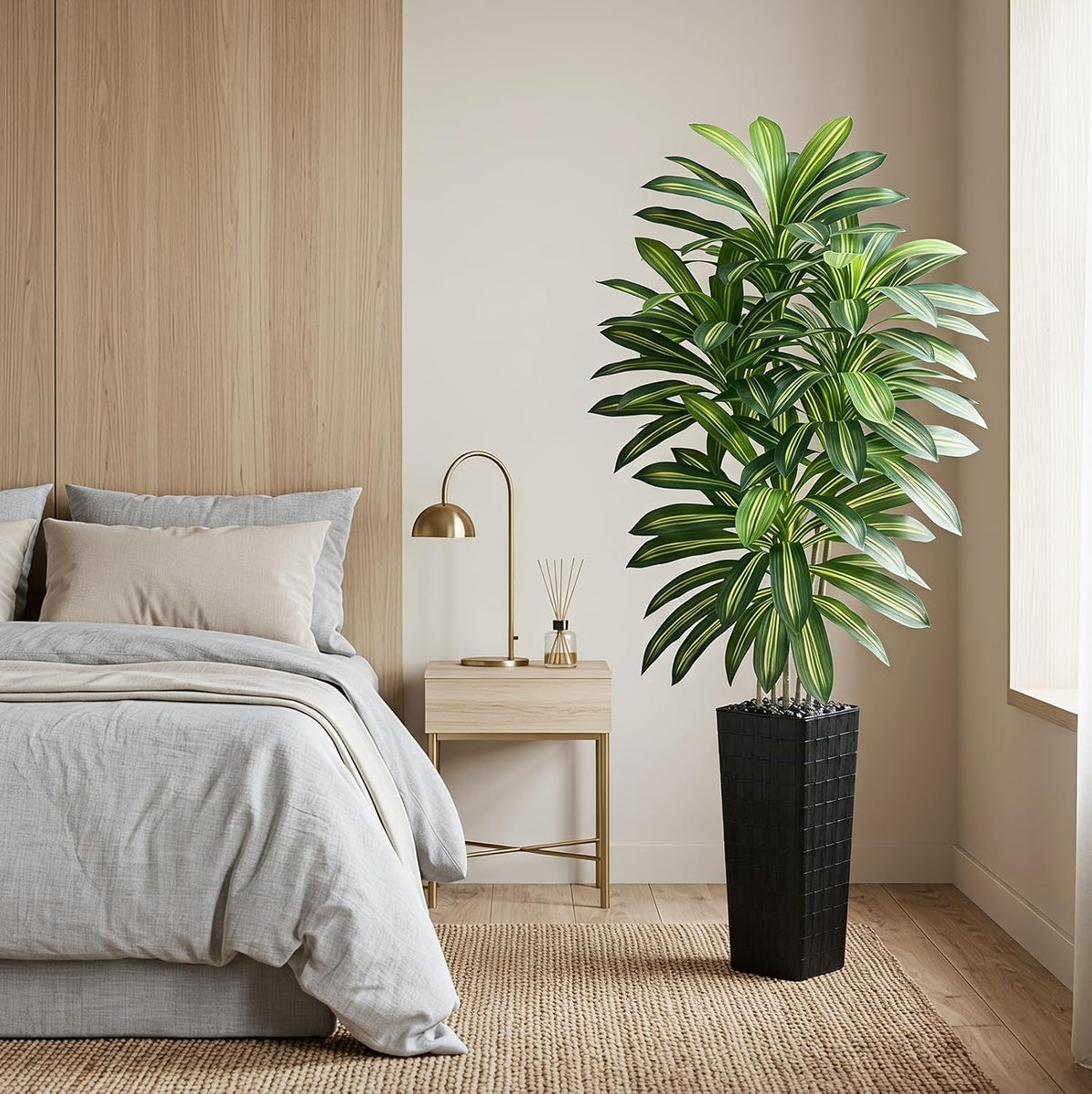 Artificial Dracaena Tree 5FT, Fake Tree with White Tall Planter