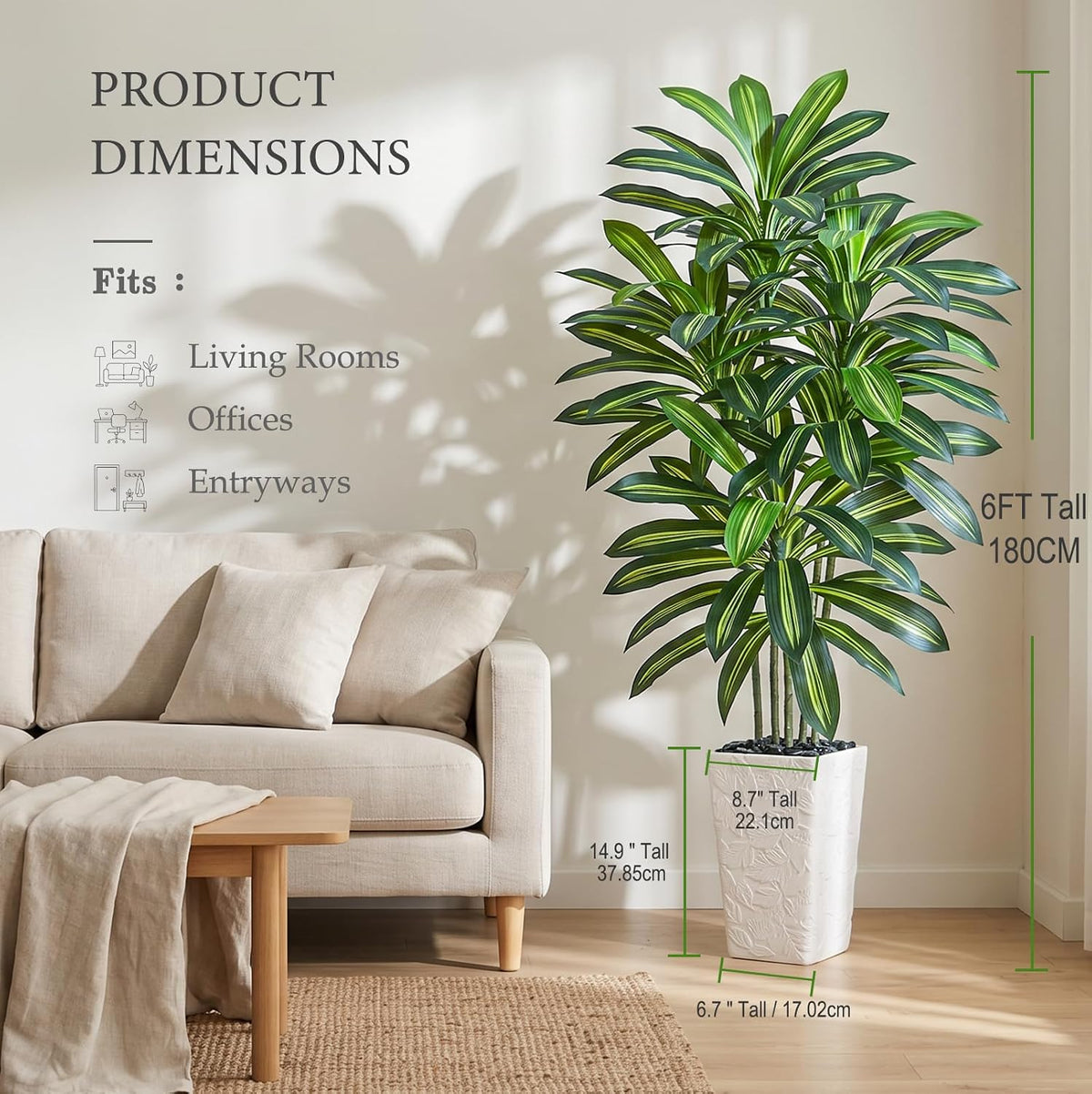 Artificial Dracaena Tree 5FT, Fake Tree with White Tall Planter