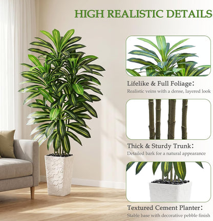 Artificial Dracaena Tree 5FT, Fake Tree with White Tall Planter