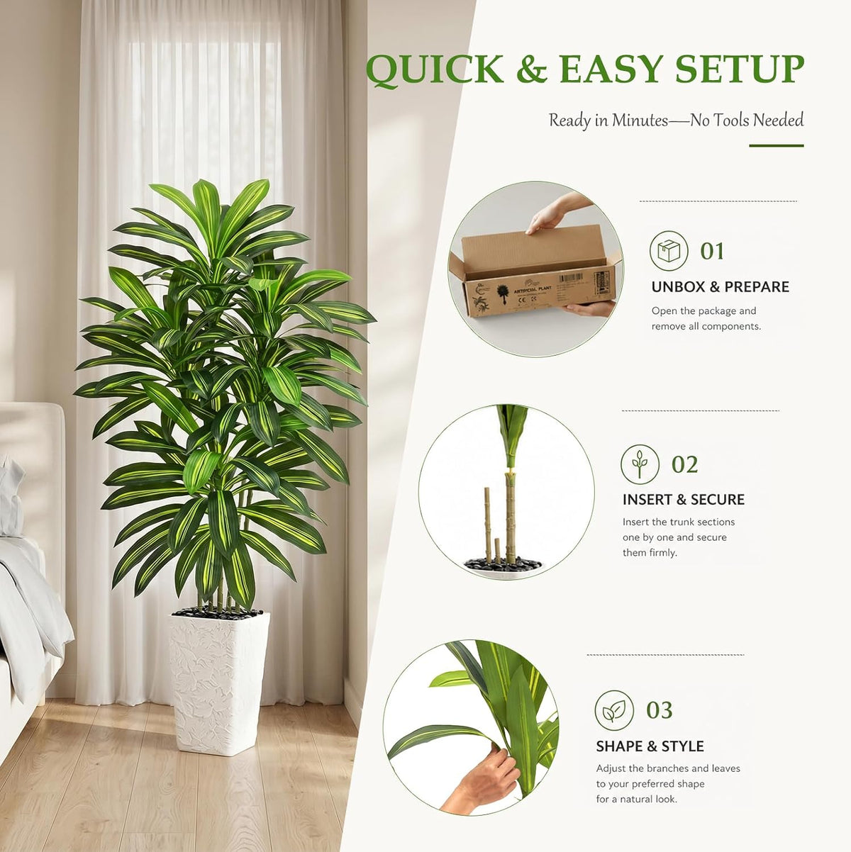 Artificial Dracaena Tree 5FT, Fake Tree with White Tall Planter