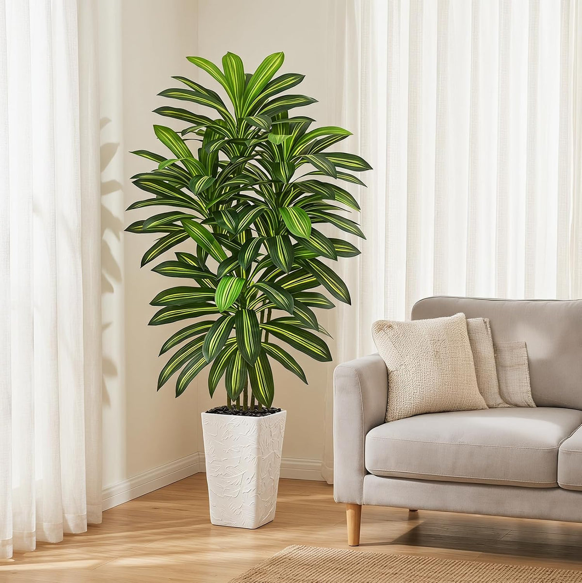 Artificial Dracaena Tree 5FT, Fake Tree with White Tall Planter