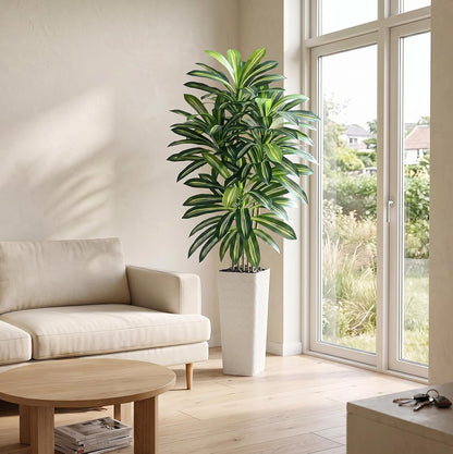 Artificial Dracaena Tree 5FT, Fake Tree with White Tall Planter
