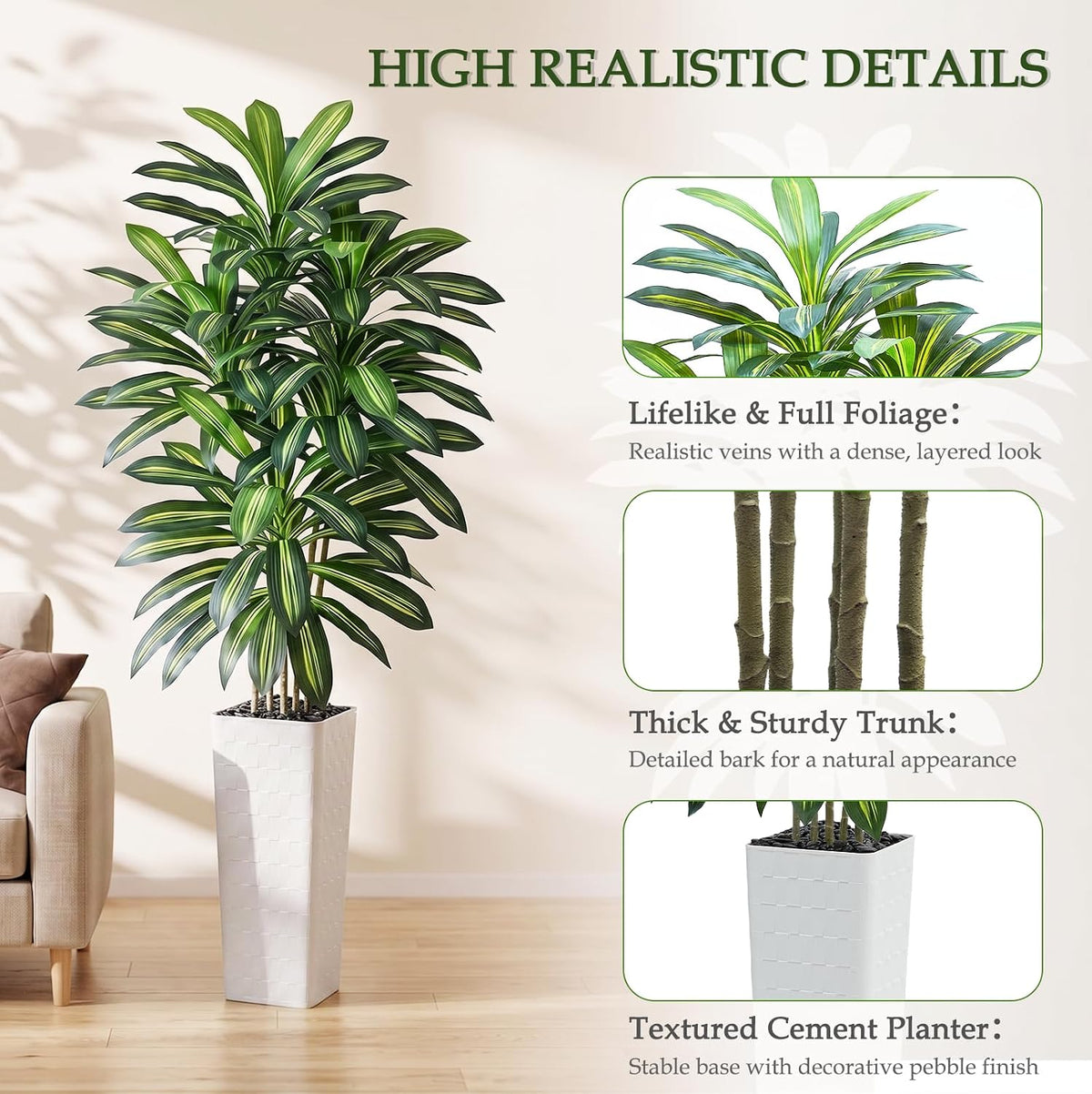 Artificial Dracaena Tree 5FT, Fake Tree with White Tall Planter