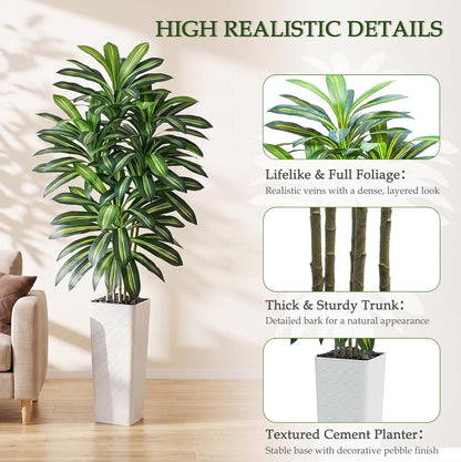 Artificial Dracaena Tree 5FT, Fake Tree with White Tall Planter