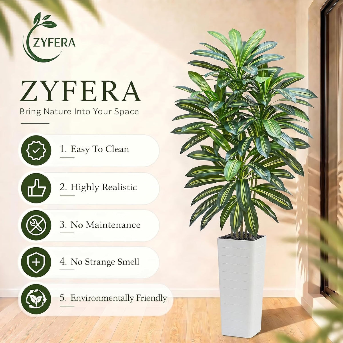 Artificial Dracaena Tree 5FT, Fake Tree with White Tall Planter