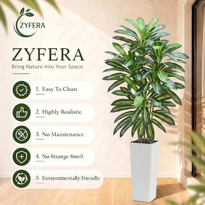 Artificial Dracaena Tree 5FT, Fake Tree with White Tall Planter