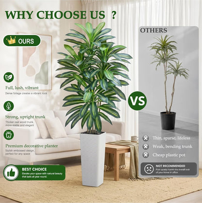 Artificial Dracaena Tree 5FT, Fake Tree with White Tall Planter