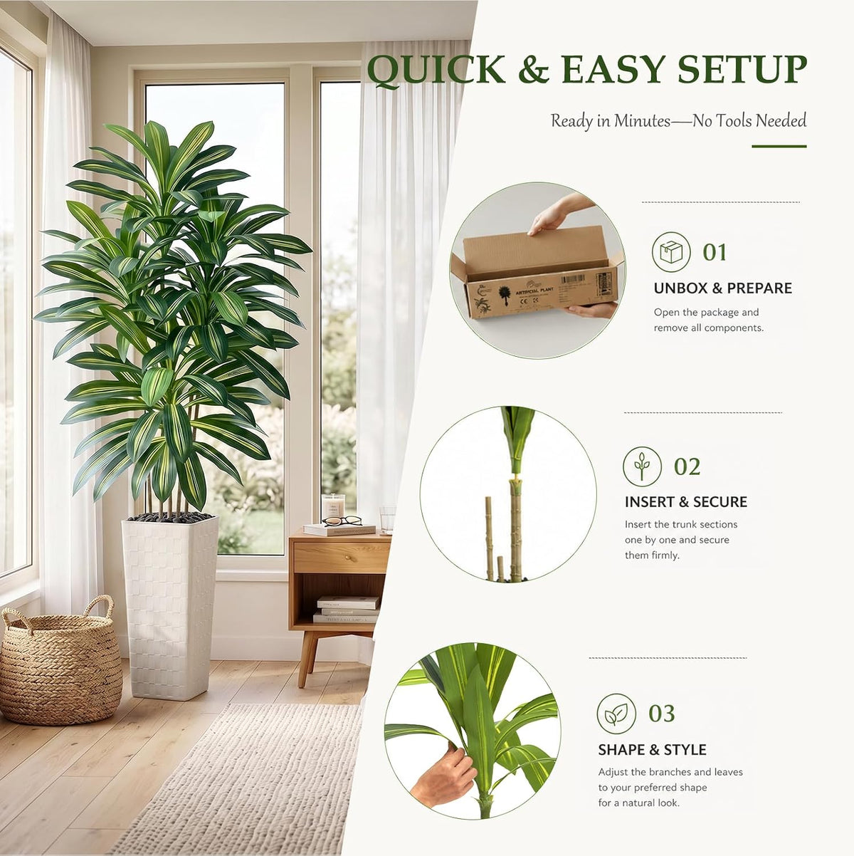 Artificial Dracaena Tree 5FT, Fake Tree with White Tall Planter