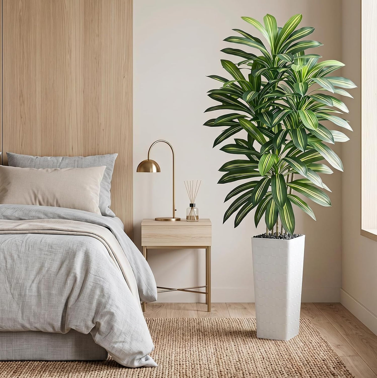 Artificial Dracaena Tree 5FT, Fake Tree with White Tall Planter