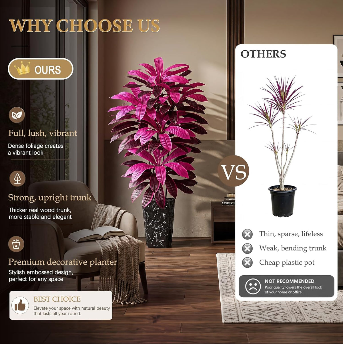 Artificial Dracaena Tree 5FT, Fake Tree with White Tall Planter