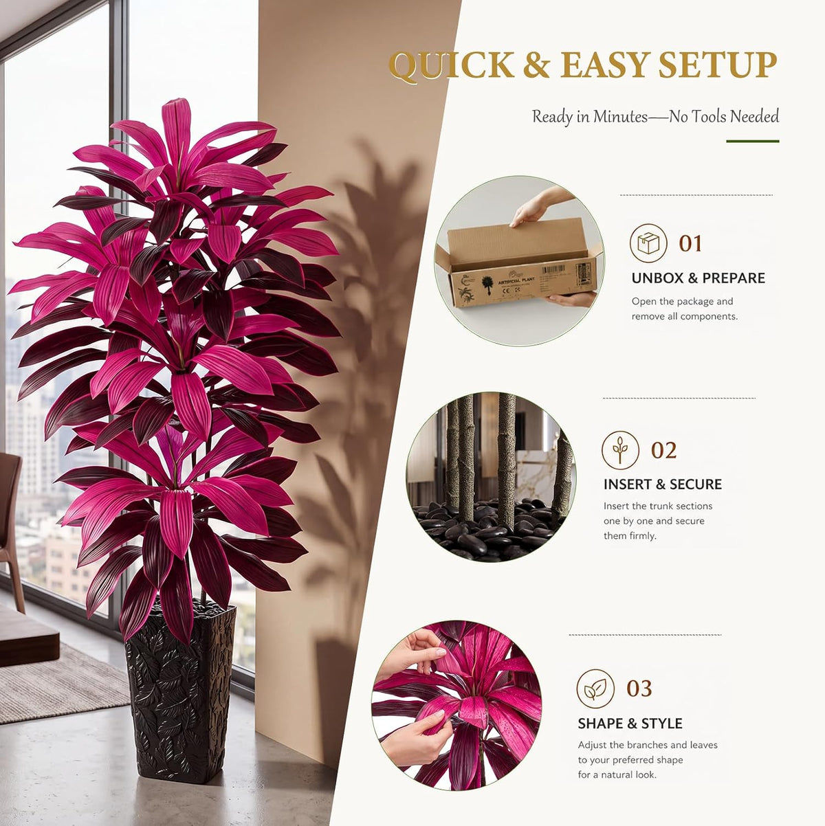 Artificial Dracaena Tree 5FT, Fake Tree with White Tall Planter