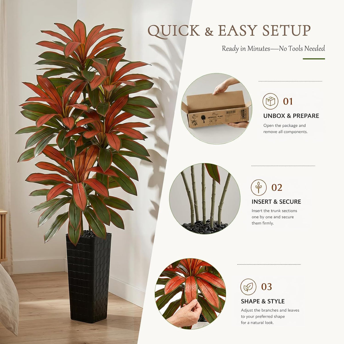 Artificial Dracaena Tree 5FT, Fake Tree with White Tall Planter