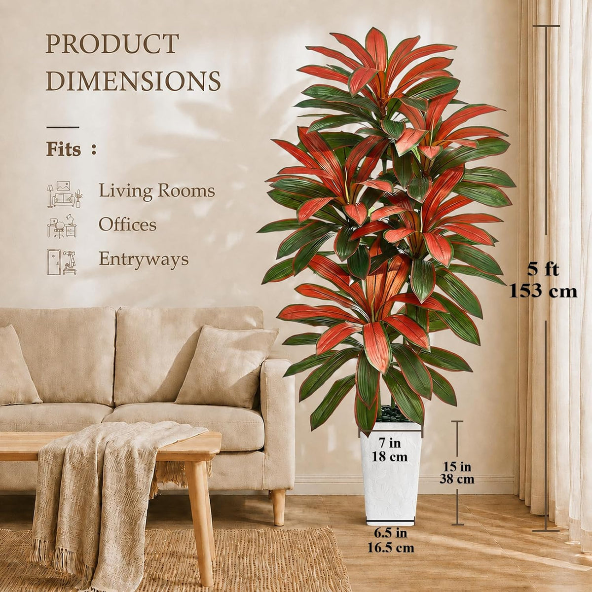 Artificial Dracaena Tree 5FT, Fake Tree with White Tall Planter