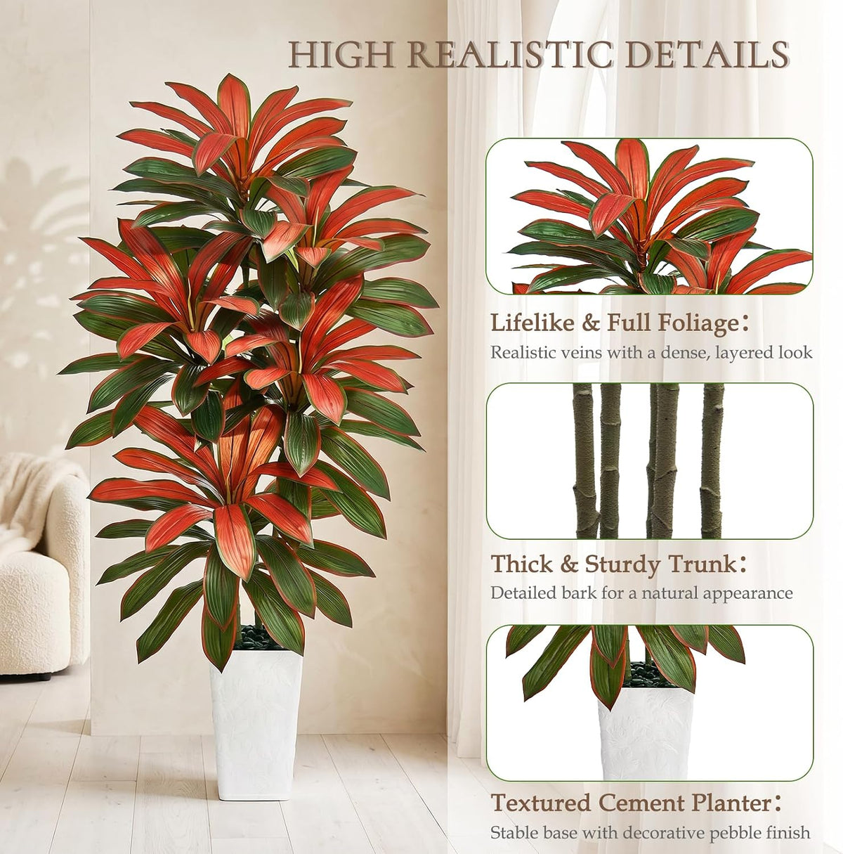 Artificial Dracaena Tree 5FT, Fake Tree with White Tall Planter