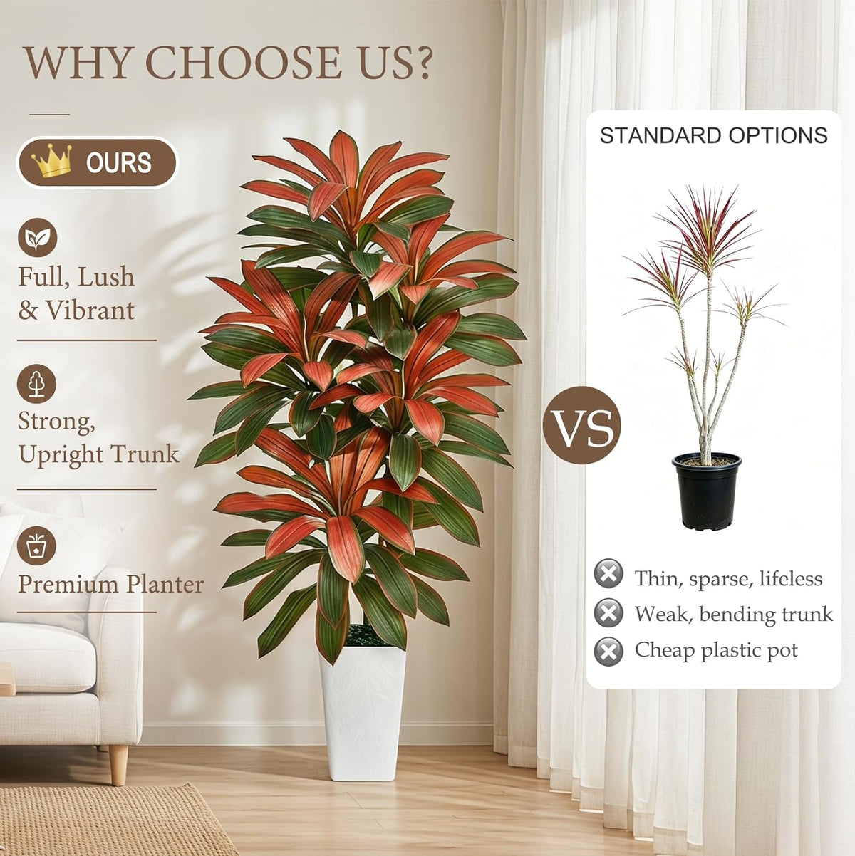 Artificial Dracaena Tree 5FT, Fake Tree with White Tall Planter