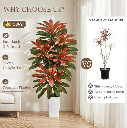 Artificial Dracaena Tree 5FT, Fake Tree with White Tall Planter