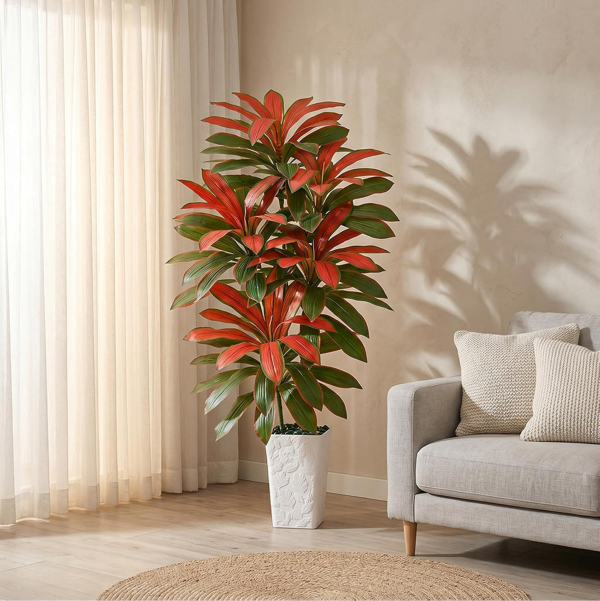 Artificial Dracaena Tree 5FT, Fake Tree with White Tall Planter