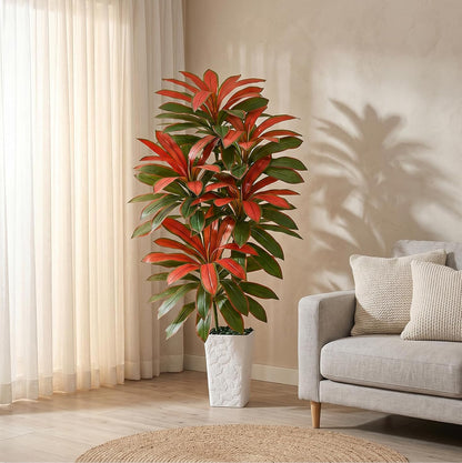 Artificial Dracaena Tree 5FT, Fake Tree with White Tall Planter