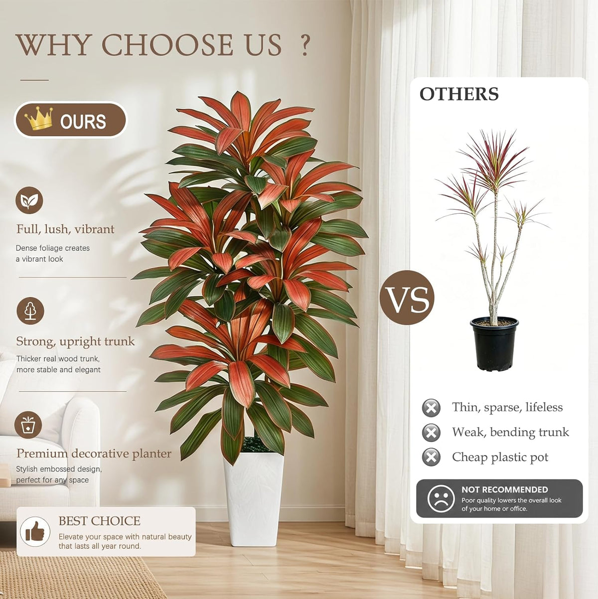 Artificial Dracaena Tree 5FT, Fake Tree with White Tall Planter