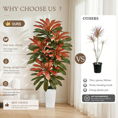 Artificial Dracaena Tree 5FT, Fake Tree with White Tall Planter