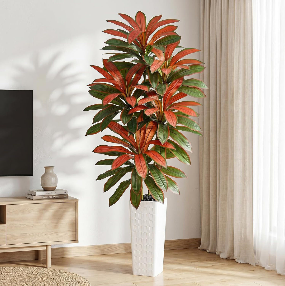 Artificial Dracaena Tree 5FT, Fake Tree with White Tall Planter