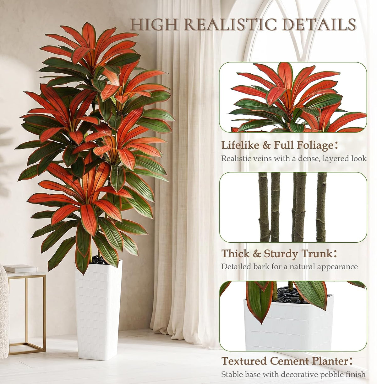 Artificial Dracaena Tree 5FT, Fake Tree with White Tall Planter