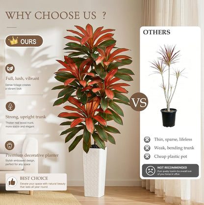 Artificial Dracaena Tree 5FT, Fake Tree with White Tall Planter