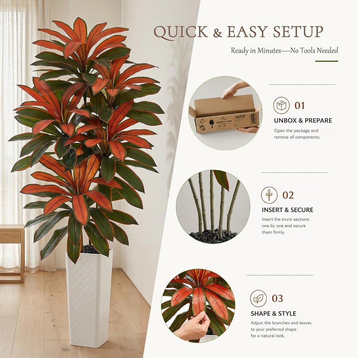 Artificial Dracaena Tree 5FT, Fake Tree with White Tall Planter